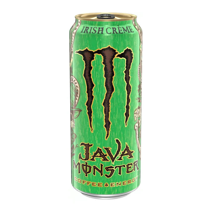 Green can of Monster Java Irish Creme energy drink on a white background
